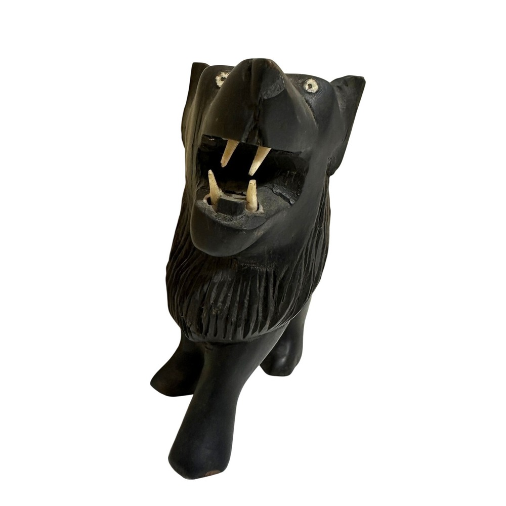 African Ebony Wood Carved Roaring Lion Statue Bone Teeth